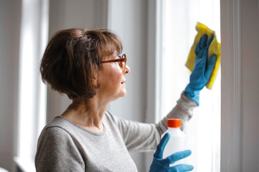 What are the ADLs? Woman starts with window cleaning
